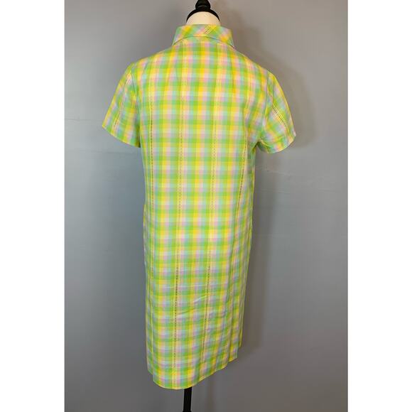 Vintage 1960s Neon Pastel Plaid Shirt Dress House Dress Dagger Collar Zip Front - Picture 8 of 9